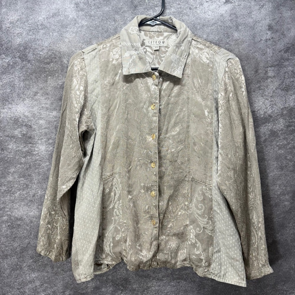 Citron Santa Monica Jacquard Brocade Button Up Blouse Size XS Mixed Media Floral